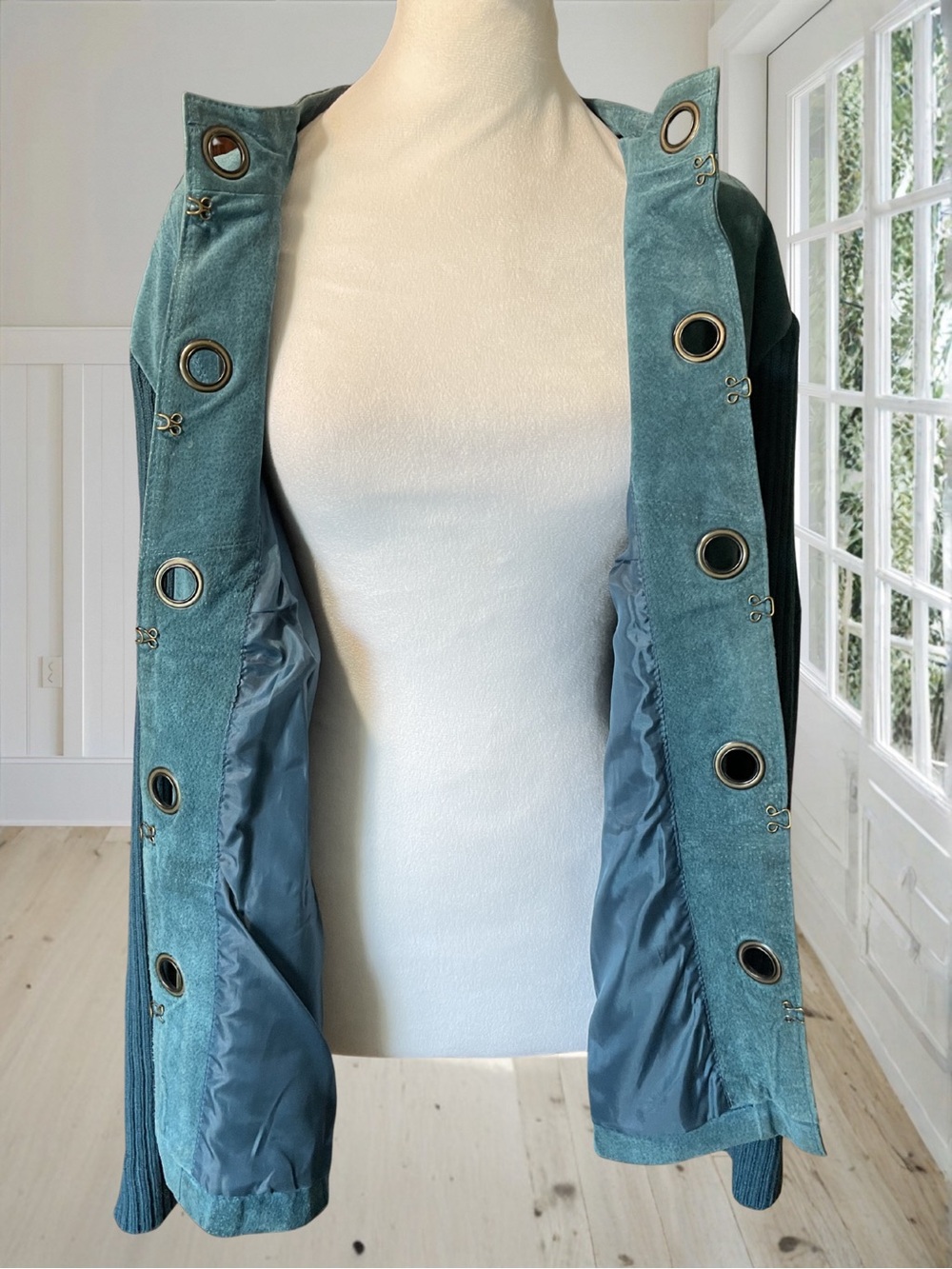 LIVE A LITTLE Women's Teal Suede Leather Ribbed Knit Grommet Jacket Sweater 2X - Picture 5 of 15
